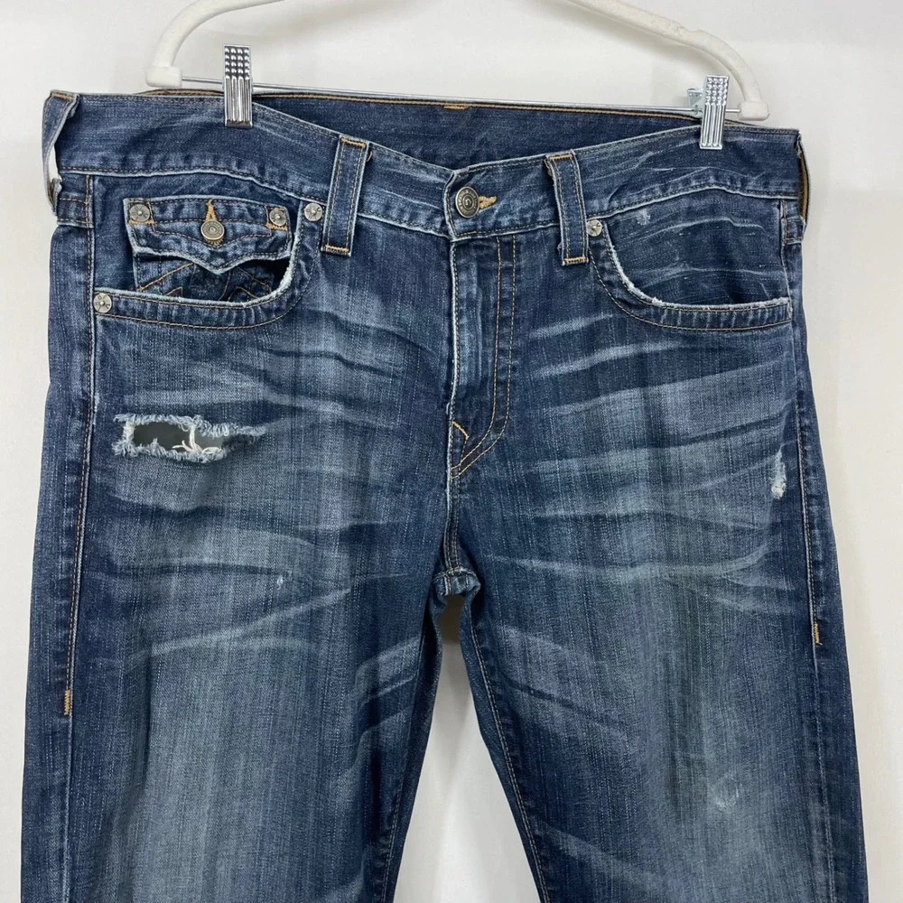 True Religion Mens Size 38x34 Ricky Relaxed‎ Straight Jeans Dark Wash Distressed